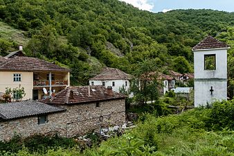 Камбанаријата на црквата со дел од селото