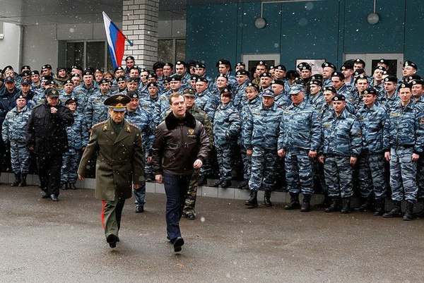 Russian President Dmitry Medvedev and Interior Minister Rashid Nurgaliyev visiting Bryansk OMON base in 2011