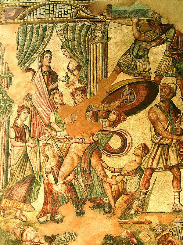 Roman mosaic depicting Odysseus at Skyros unveiling the disguised Achilles; from La Olmeda, Pedrosa de la Vega, Spain, 5th century AD