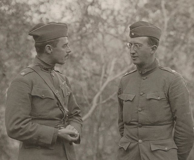 Major Whittlesey (right) talking to Major Kenny, 307th Infantry, after the battle. Kenny's 3rd battalion took part in the relief attempts for the "Los