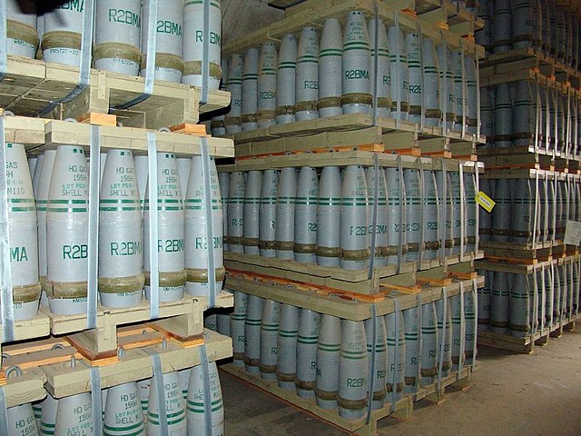 Pallets of 155 mm artillery shells containing "HD" (mustard gas) at Pueblo Depot Activity (PUDA) chemical weapons storage facility