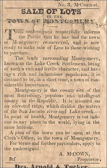 1845 - Town of Montgomery Advertisement - "The lands surrounding Montgomery known as the Lake Creek Settlement..." 1845 Town of Montgomery Advertisement.jpg