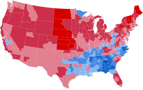 Results by congressional district, shaded according to winning candidate's percentage of the vote