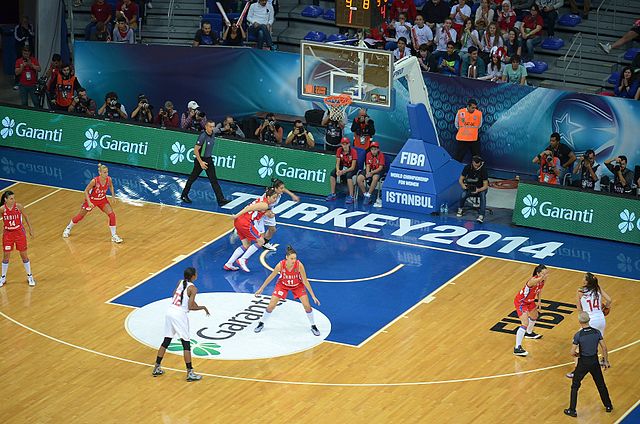 Serbia (red lit) vs Turkey at the 2014 FIBA World Championship for Women.