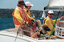 Close up of Australian sonar class sailors Graeme Martin, Jamie Dunross and Noel Robins sailing in the Sydney Harbour during competition at the 2000 Summer Paralympics 231000 - Sailing sonar Jamie Dunross Noel Robins Graeme Martin action 11 - 3b - 2000 Sydney race photo.jpg