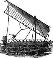 A "piratical proa in full chase" in The Pirates Own Book (1837) by Charles Elims. Note the tanja sail and the absence of outriggers. A Piratical Proa in Full Chase.jpg