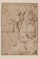 front: Two witches. 約1470-1516. 鋼筆和褐色墨水於纸本上方. 12.5×8.5公分. Rotterdam, Museum Boijmans Van Beuningen.