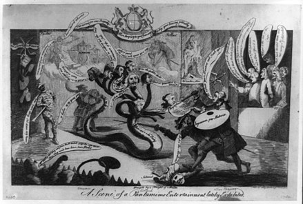 Satirical drawing of Sir William Chambers, one of the founders, trying to slay the 8-headed hydra of the Incorporated Society of Artists