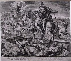 Julius Caesar identified as the king in Daniel 8:23-25, depicted in armour and with a laurel wreath, on horseback, bearing a standard depicting an eagle; the horse trampling three kings with standards depicting a lion, a ram and a goat. Engraving by Adriaen Collaert, Plate 4 of Four Illustrious Rulers of Antiquity. Adriaen Collaert - Iulius Caesar.jpg
