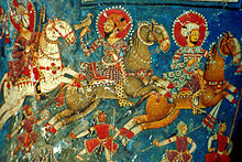 Alchi, Mural paintings - Alchi, gsum brtsegs temple, royal falcon scene on the dhoti of a monumental clay sculpture. Alchi Rajputs.jpg