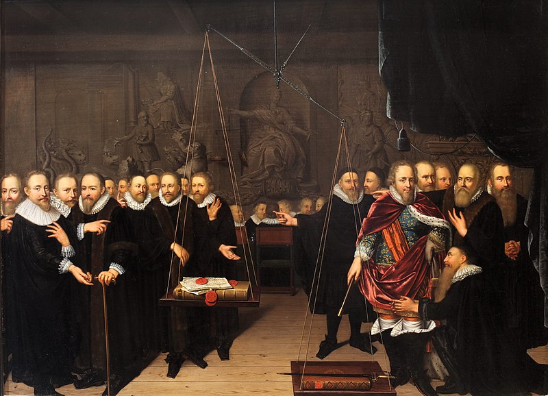 Allegory of the theological dispute between the Arminianists and their opponents by Abraham van der Eyk (1721), allegorically represents what many Arminians thought about the Synod: the Bible on the Arminian side was outweighed by the sword, representing the power of the state, and Calvin's Institutes on the other