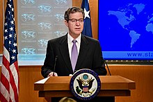 Brownback speaks at the State Department in 2019 Ambassador Brownback Delivers Remarks on the 2018 International Religious Freedom Annual Report (48104737012).jpg