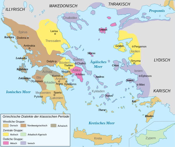 Verbreiding van de Oudgriekse dialecten. Arkadisch-Cyprisch in het groen.