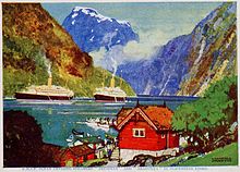 A painting by Kenneth Shoesmith of Arcadian and her sister ship Araguaya in the 1920s on a cruise in a Norwegian fjord Arcadian et Araguaya.jpg