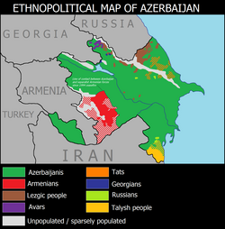 Ethnicities of Azerbaijan, the map does not take into account the flight of Armenians from Nagorno-Karabakh in 2023, after which the areas previously inhabited by Armenians became very sparsely populated. Azerbaijan ethnic map 1994-2020.png