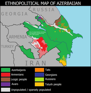 Ethnicities of Azerbaijan (1994-2020, after the First Nagorno-Karabakh War and before the Second Nagorno-Karabakh War). Azerbaijan ethnic map 1994-2020.png