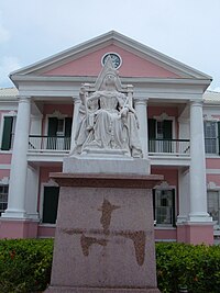 The statue of Queen Victoria, located in Parliament Square, was erected in her honour after her death in 1901 Bahamian Parliament 3.JPG