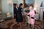 President Barack Obama and First Lady Michelle Obama are welcomed by Her Majesty Queen Elizabeth II to Buckingham Palace in London