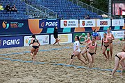 Deutsch: Beachhandball Europameisterschaften 2019 (Beach handball Euro); Tag 5: 6. Juli 2019 – Frauen, Platzierungsspiel für die Ränge 17–20, Nordmazedonien-Slowenien 0:2 (10:13, 9:15) English: Beach handball Euro; Day 5: 6 July 2019 – Placement Match/Cross Match for rank 17–20 Women – North Macedonia-Slovenia 0:2 (10:13, 9:15)