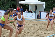 Deutsch: Beachhandball Europameisterschaften 2019 (Beach handball Euro); Tag 5: 6. Juli 2019 – Frauen, Platzierungsspiel für die Ränge 5–8, Rumänien-Zypern 2:0 (18:17, 18:14) English: Beach handball Euro; Day 5: 6 July 2019 – Placement Match/Cross Match for rank 17–20 Women – Romania-Cyprus 2:0 (18:17, 18:14)