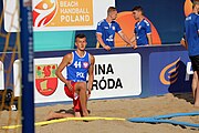 Deutsch: Beachhandball Europameisterschaften 2019 (Beach handball Euro); Tag 1: 2. Juli 2019 – Männer, Vorrunde Gruppe D, Polen-Schweden 2:1 (18:10, 15:9; 8:6) English: Beach handball Euro; Day 1: 2 July 2019 – Men Preliminary Round Group D – Poland-Sweden 2:1 (18:10, 15:9; 8:6)