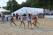 Deutsch: Beachhandball Europameisterschaften 2019 (Beach handball Euro); Tag 2: 3. Juli 2019 – Frauen, Vorrunde Gruppe D, Dänemark-Russland 2:0 (21:16, 18:12) English: Beach handball Euro; Day 2: 3 July 2019 – Women Preliminary Round Group D – Denmark-Russia 2:0 (21:16, 18:12)