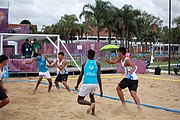 Deutsch: Beachhandball bei den Olympischen Jugendspielen 2018; Tag 5, 10. November 2018; Jungs, Platzierungsrunde - Chinese Taipei (Taiwan)-Mauritius 2:0 English: Beach handball at the 2018 Summer Youth Olympics at 11 October 2018 – Boys Consolation Round – Chinese Taipei-Mauritius 2:0