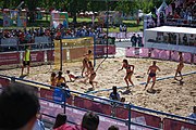 Deutsch: Beachhandball bei den Olympischen Jugendspielen 2018; Tag 3, 10. Oktober 2018; Mädchen, Vorrunde, Gruppe B - Niederlande-Argentinien 2:0 English: Beach handball at the 2018 Summer Youth Olympics at 10 October 2018 – Girls Preliminary Round Group B‎ – Netherlands-Argentina 2:0