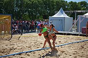 Deutsch: Beachhandball bei den Olympischen Jugendspielen 2018; Tag 4, 10. Oktober 2018; Mädchen, Vorrunde, Gruppe A - Venezuela-Paraguay 1:2 English: Beach handball at the 2018 Summer Youth Olympics at 10 October 2018 – Girls Preliminary Round Group A - Venezuela-Paraguay 1:2