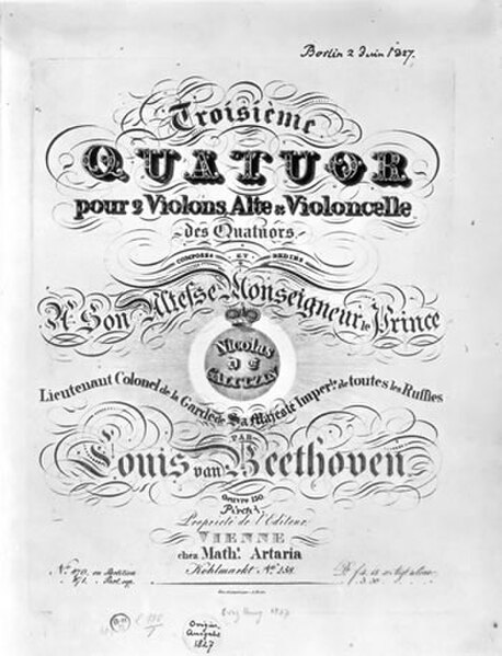 Coversheet of Beethoven's Op. 130 as published in Berlin on 2 June 1827