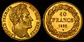 1835-ös belga 40 frankos aranyérme I. Lipót portréjával