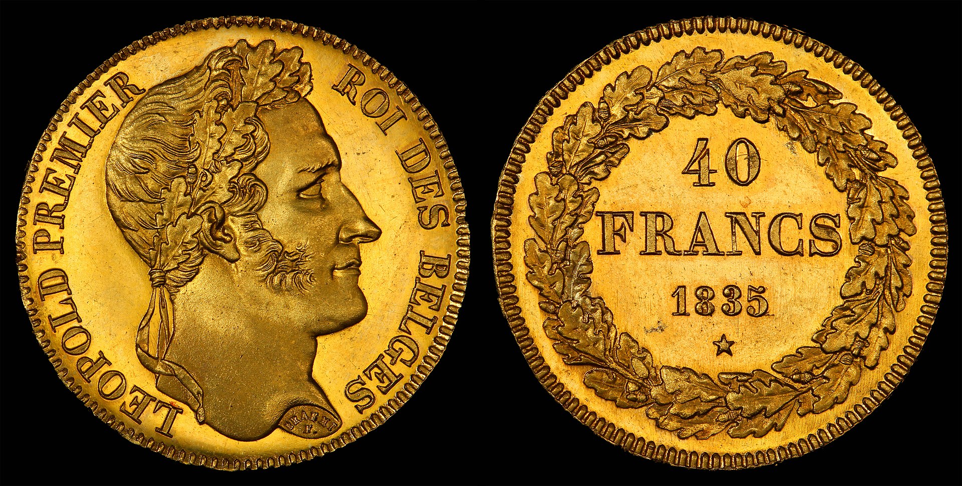 Avers et revers d'une pièce de 40 francs belges de 1835, à l'effigie de Léopold Ier. (définition réelle 4 449 × 2 250)