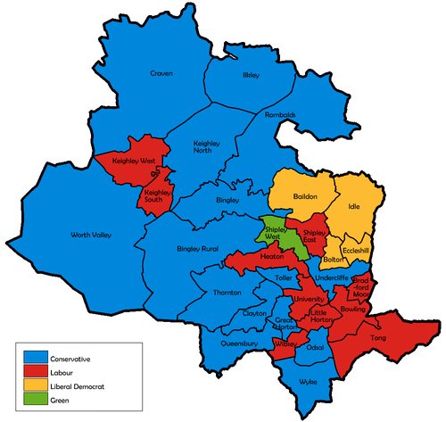 Map of the results for the 2000 Bradford council election. Bradford UK local election 2000 map.png