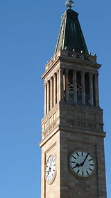 The clock tower is 91 m (298 ft) high. Brisbane city hall tower clock.jpg