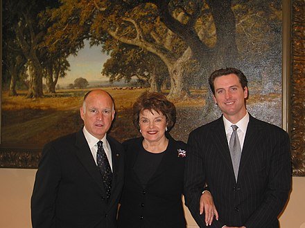 Mayor Jerry Brown (left) with U.S. Senator Dianne Feinstein (middle) and San Francisco Mayor Gavin Newsom (right) in 2007