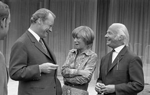 German chancellor Willy Brandt joking with actress Romy Schneider (1971)