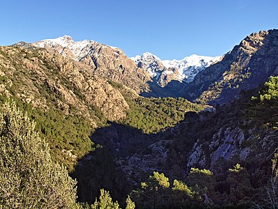 Vallée du Figarella, view to Maison forestière de Bonifatu and annotated mountains