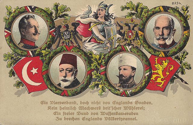 Monarchs of the Central Powers on a WWI postcard:Kaiser Wilhelm II of Germany;Kaiser and King Franz Joseph of Austria-Hungary;Sultan Mehmed V of the Ottoman Empire;Tsar Ferdinand I of Bulgaria