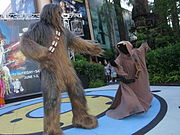 Chewbacca and a Jawa compete in the contest with Bee Gees'-styled disco moves during Star Wars Weekends. Chewbacca & Jawa.jpg