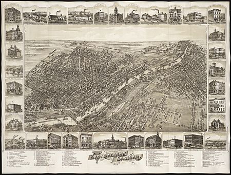 Cities of East Saginaw and Saginaw, Michigan, 1885 before they were consolidated into Saginaw in March, 1890. Cities of East Saginaw and Saginaw, Michigan, 1885 (2675801518).jpg