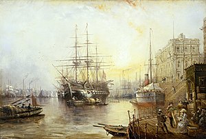 Claude Thomas Stanfield Moore - The training ship Fisgard off the Royal Naval College, Greenwich, 1877.jpg