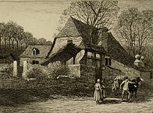 Illustration en noir et blanc d'une vieille maison et de personnages.