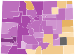 Colorado Democratic presidential caucus election results by county margins, 2008.svg