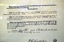 A magistrate's committal for birching of two children dated 4 December 1899 displayed in West Midlands Police Museum, Sparkhill, Birmingham, England Committal for birching 2 of 3.jpg