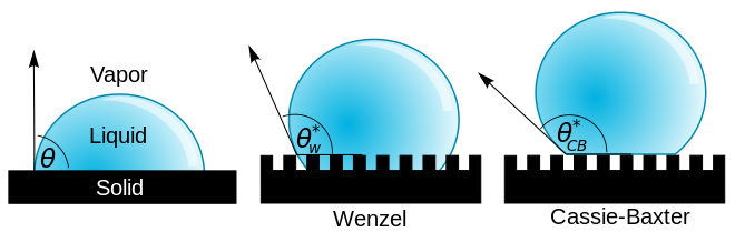 A droplet resting on a solid surface and surrounded by a gas forms a characteristic contact angle θ. If the solid surface is rough, and the liquid is in intimate contact with the solid asperities, the droplet is in the Wenzel state. If the liquid rests on the tops of the asperities, it is in the Cassie–Baxter state.