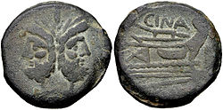 As of Lucius Cornelius Cinna (here spelt Cina), minted between 169 and 158 BC. The obverse depicts the head of Janus, while the reverse shows a prow. Cornelia 11 3060334.jpg