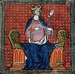Hugues Capet couronné roi des Francs. Enluminure ornant un manuscrit du xiiie ou xive siècle, Paris, BnF.