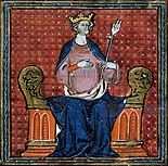 Koning Hugo Capet op de troon, miniatuur uit een 13e- of 14e-eeuws manuscript van de Grandes Chroniques de France, bewaard in de Bibliotheque Nationale in Parijs.