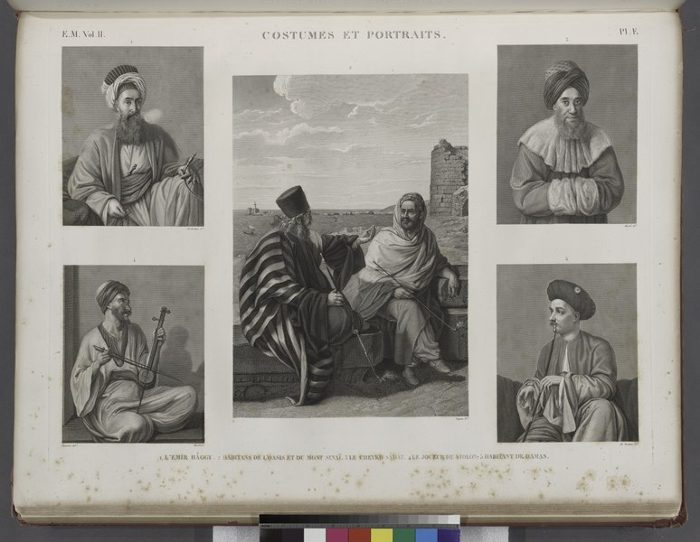 File:Costumes et portraits. 1. L'Emir Hâggy (Amir al-Hajj); 2. Habitans de l'oasis et du Mont Sinaï; 3. Le Cheykh Sâdât; 4. Le joueur de violon; 5. Habitant de Damas (Damascus) (NYPL b14212718-1268853).tiff