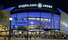 Crypto.com Arena is the current home to the Los Angeles Lakers and Los Angeles Sparks. The arena hosted the Los Angeles Clippers until 2024. Crypto.com Arena exterior 2023.jpg